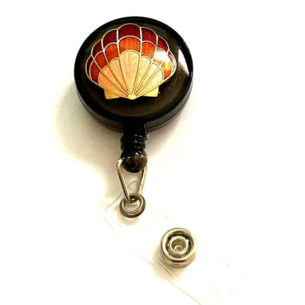 Vtg Sea Shell Cloisonne Charm ID Card Badge Holder Lanyard Retractable Reel